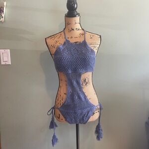 Aerie Womens Crochet Boho Tassel Summer Beach One Piece Swimwear‎ Blue Size S/M